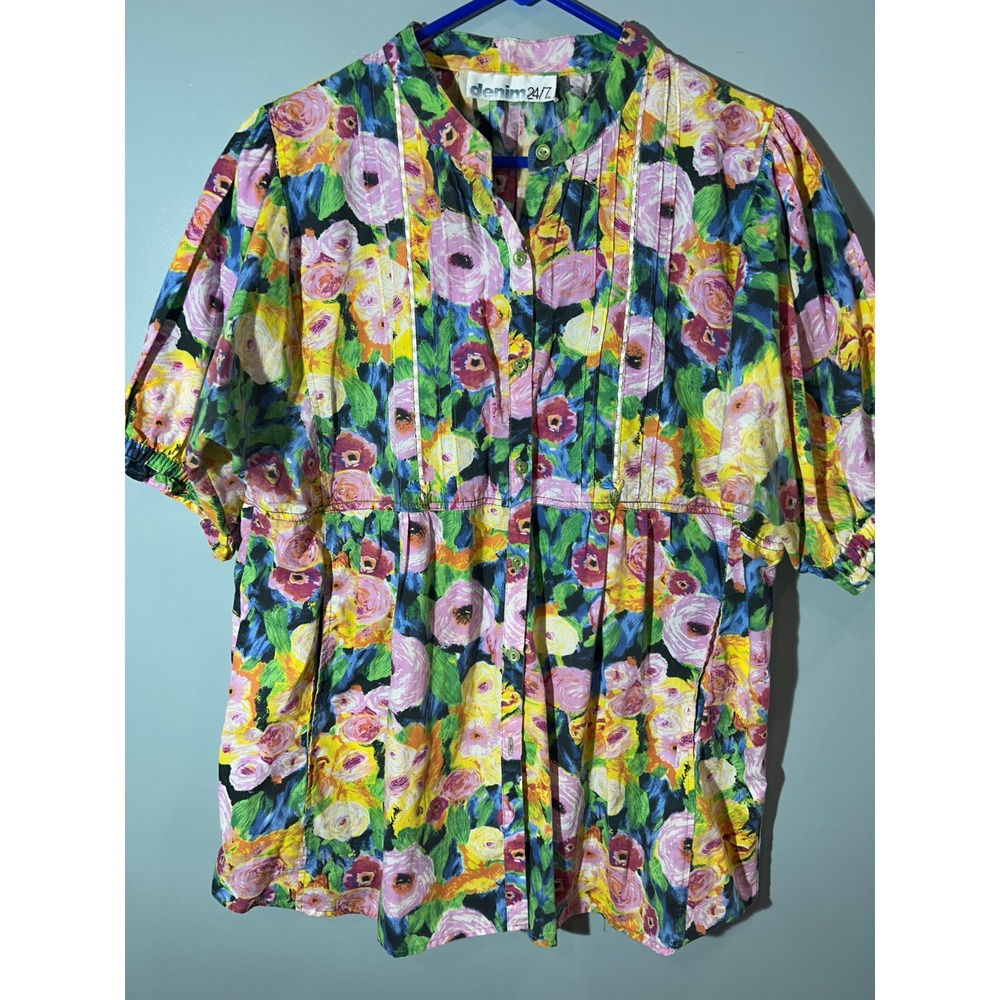 Denim 24/7 Womens Floral Button Front Blouse Short Sleeve Pleated Top Multicolor